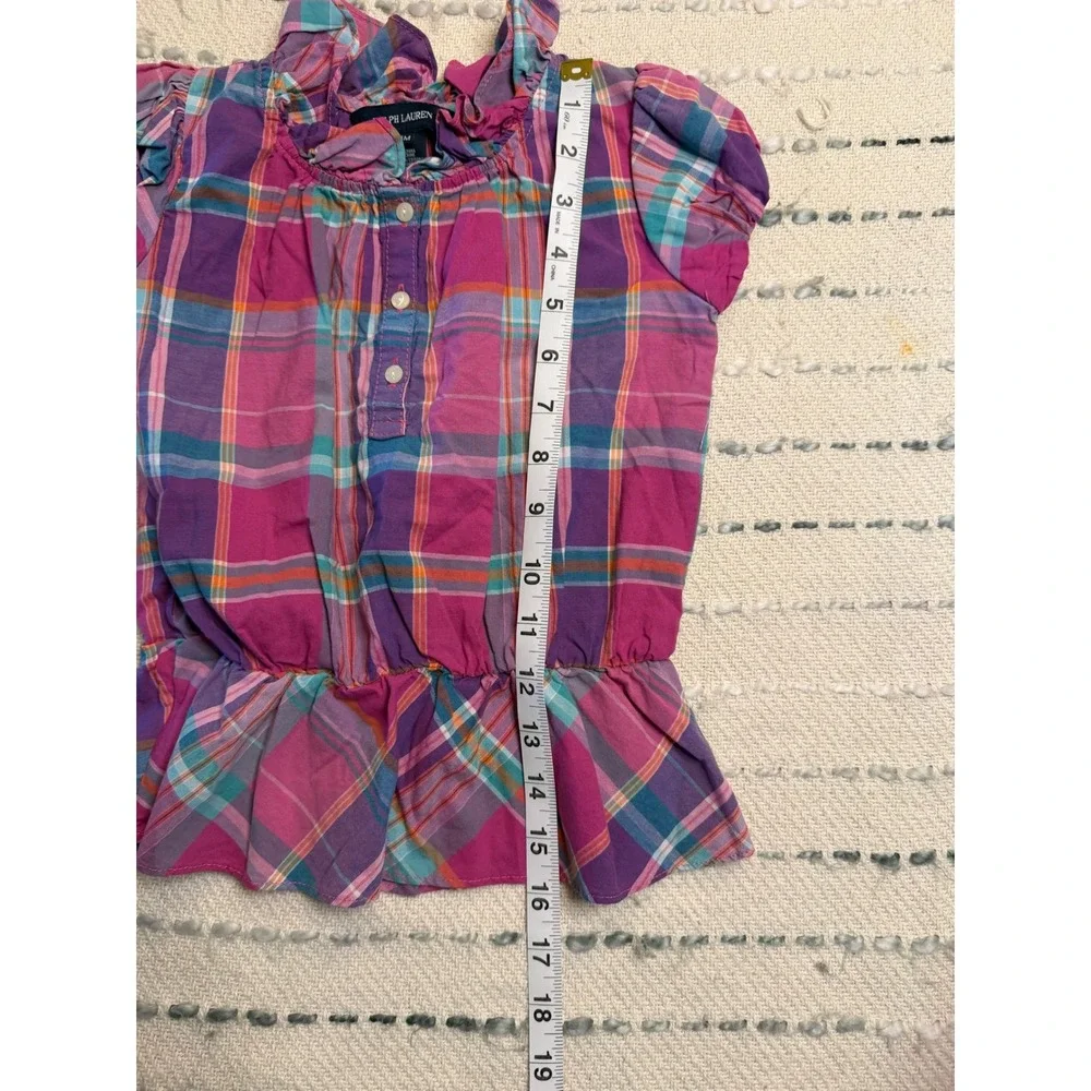 Ralph Lauren Toddler Girls 24M Plaid Ruffle Peplum Top Pink Purple Cotton Blouse